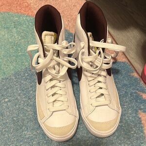 White and Brown High-Top Sneakers